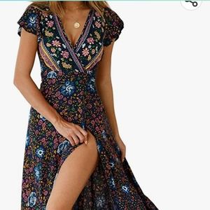 Boho floral wrap dress, large, Zesica, Navy